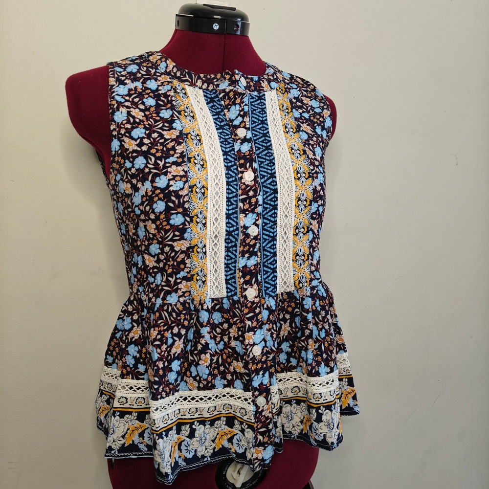 Blue Tassel Women Small Boho Floral Peplum Top Sleeveless Button Front Lace Trim